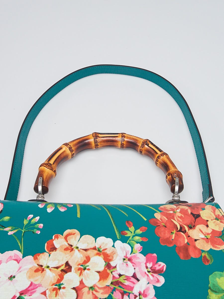 Gucci Green Blooms Printed Leather Classic Bamboo Top Handle