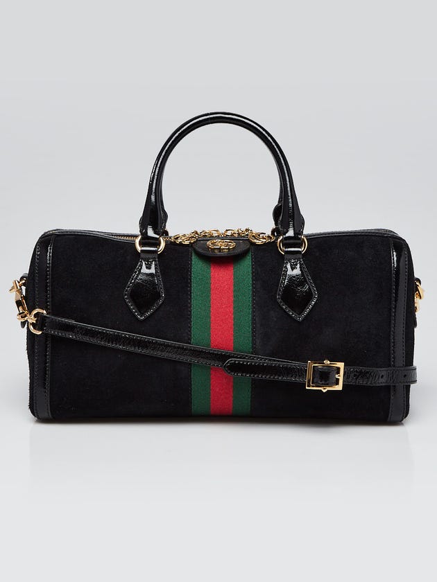 Gucci Black Suede/Patent Leather Vintage Web Ophidia Medium Top Handle Bag