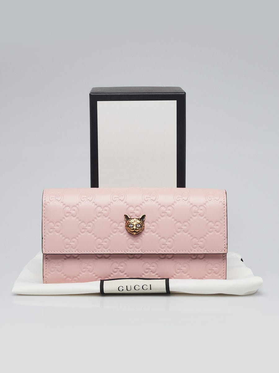 Gucci Pink Guccissima Leather Continental Cat Head Flap Wallet