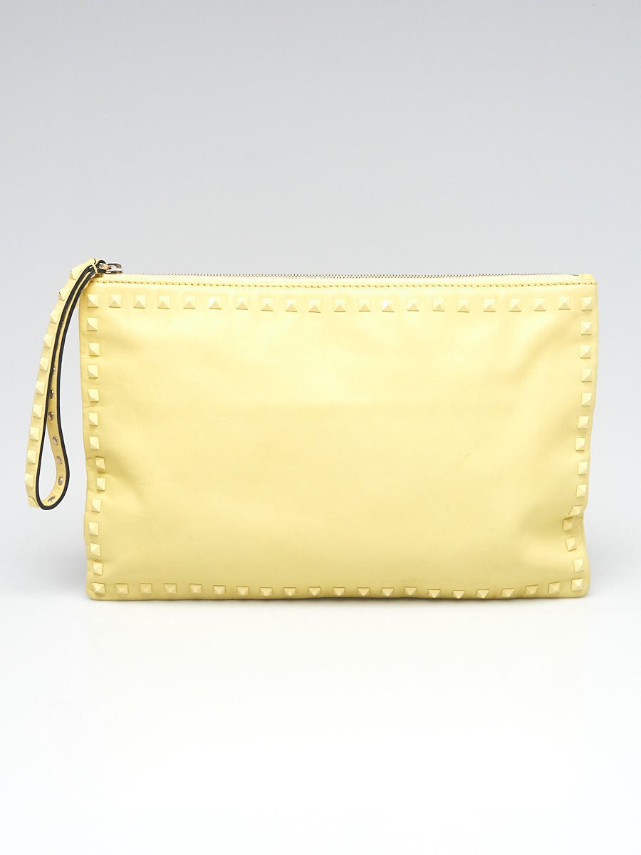 Valentino Light Yellow Smooth Leather Rockstud Oversized Clutch