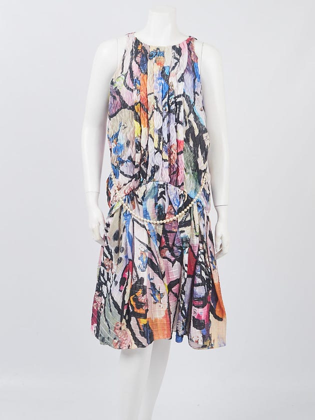 Chanel Multicolor Silk Blend Sleeveless Pearl Belt Dress Size 6/38