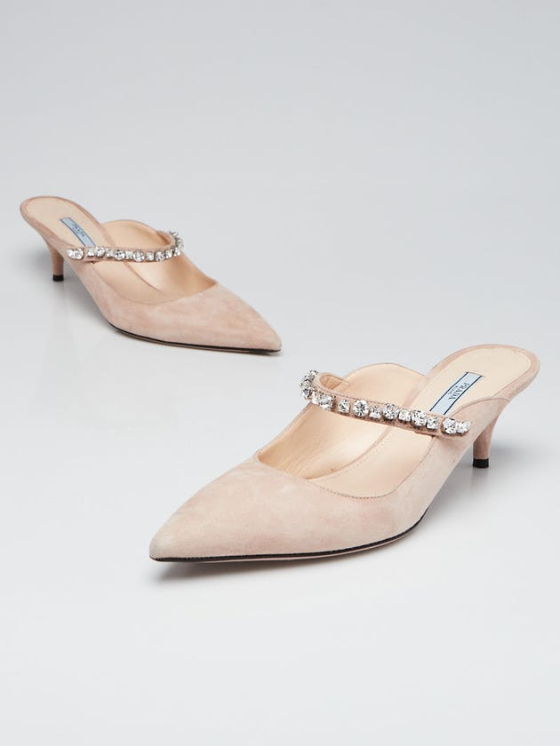 Prada Beige Suede Crystal Embellished Pointed Toe Mule Heels Size 10.5/41