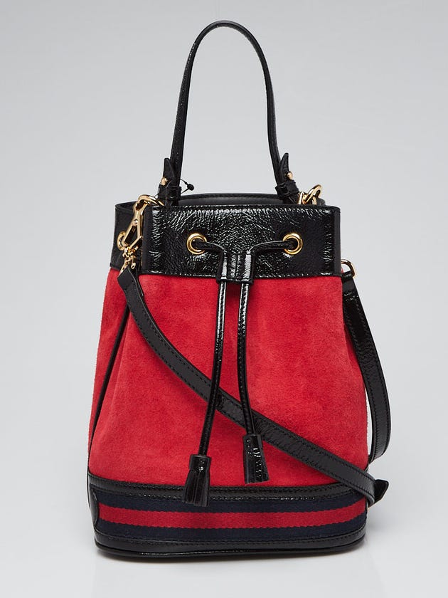 Gucci Red Suede/Black Patent Leather Ophidia Small Bucket Bag