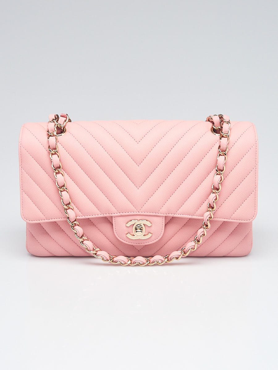 Chanel Pink Chevron Quilted Caviar Leather Classic Medium Double