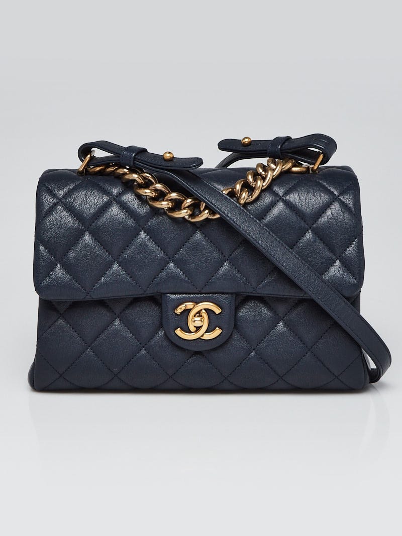 Chanel Navy Blue Quilted Sheepskin Leather Small Trapezio Flap Bag -  Yoogi's Closet