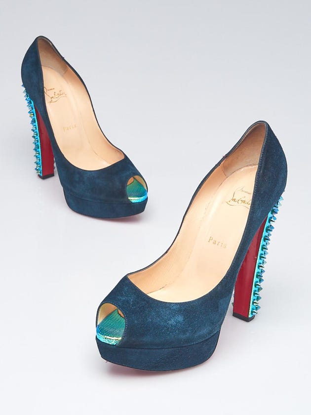 Christian Louboutin Teal Suede and Metallic Spikes Peep-Toe Platform Pumps Size 9.5/40