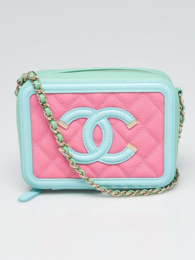 Chanel Pink/Green/Blue Quilted Caviar Leather Filigree Vanity Clutch with Chain Bag