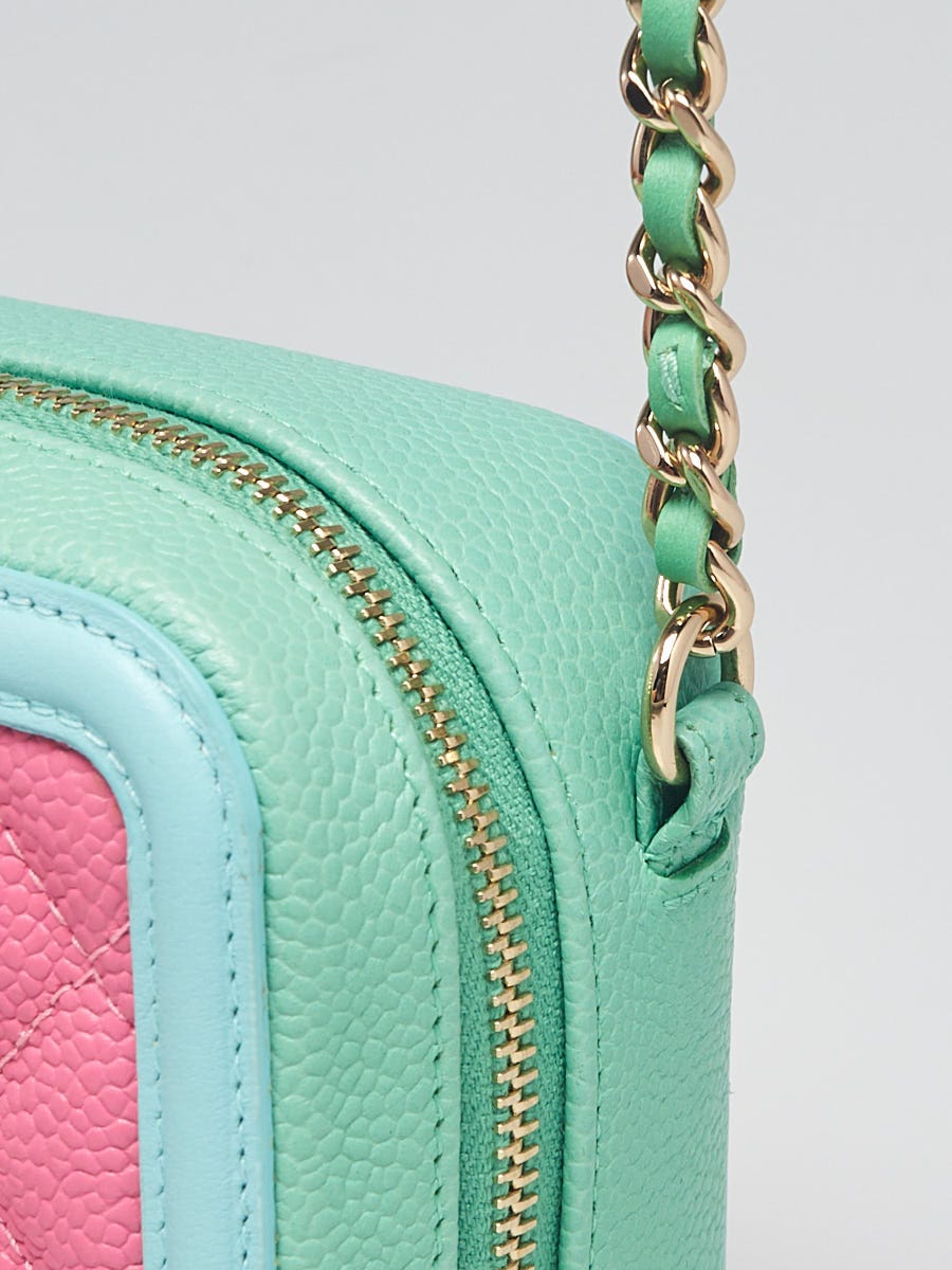 Pink, Blue and Green Caviar Quilted CC Filigree Round Crossbody Brass  Hardware