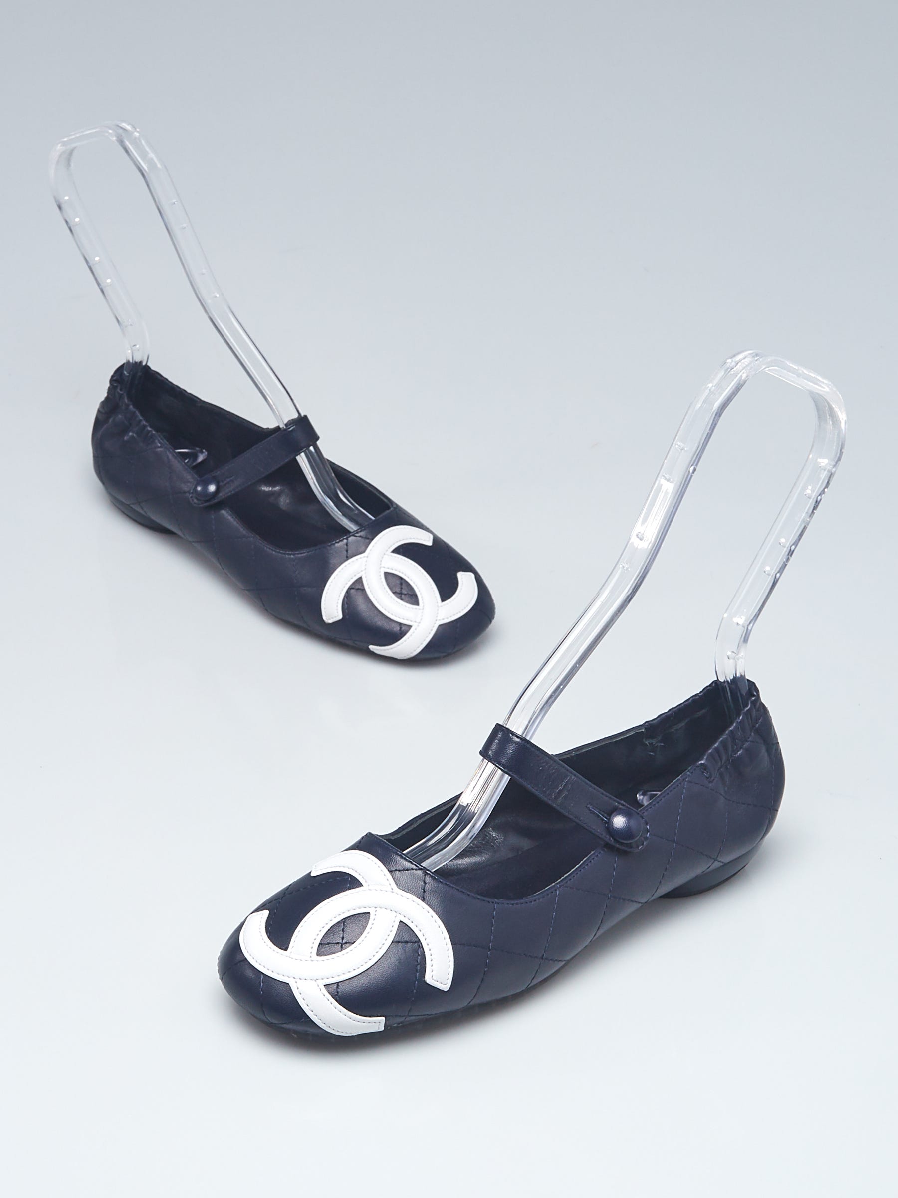 Chanel Navy Blue Leather Mary Jane Flats Size 6.5/37 - Yoogi's Closet