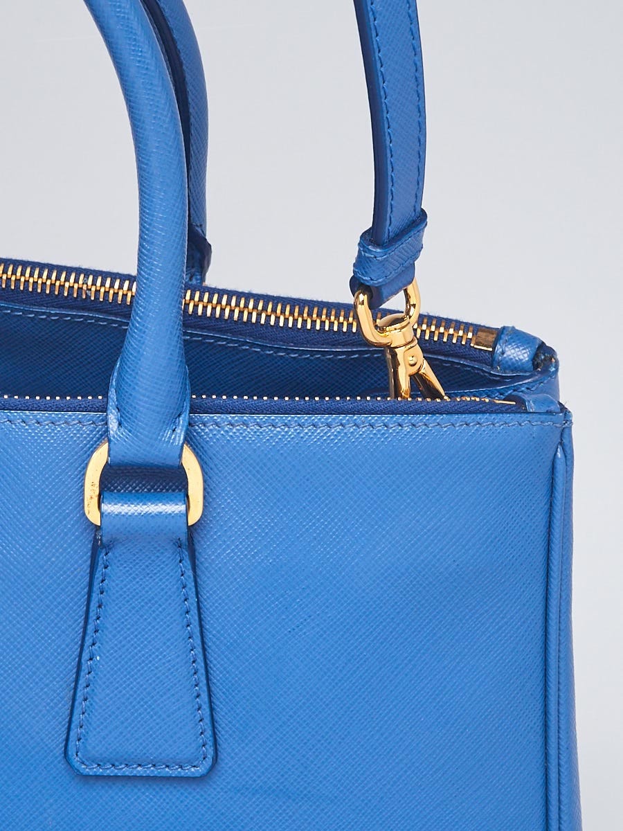 Prada Azzurro Saffiano Lux Leather Medium Double Zip Tote Bag 