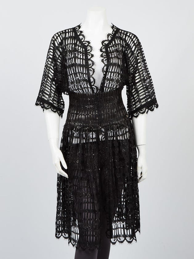 Chanel Black/Khaki Scalloped Long Lace Dress Size 4/36