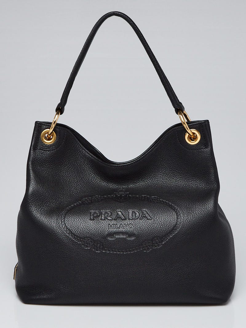 Prada Black Vitello Phenix Leather Embossed Logo Hobo Bag 1BC051