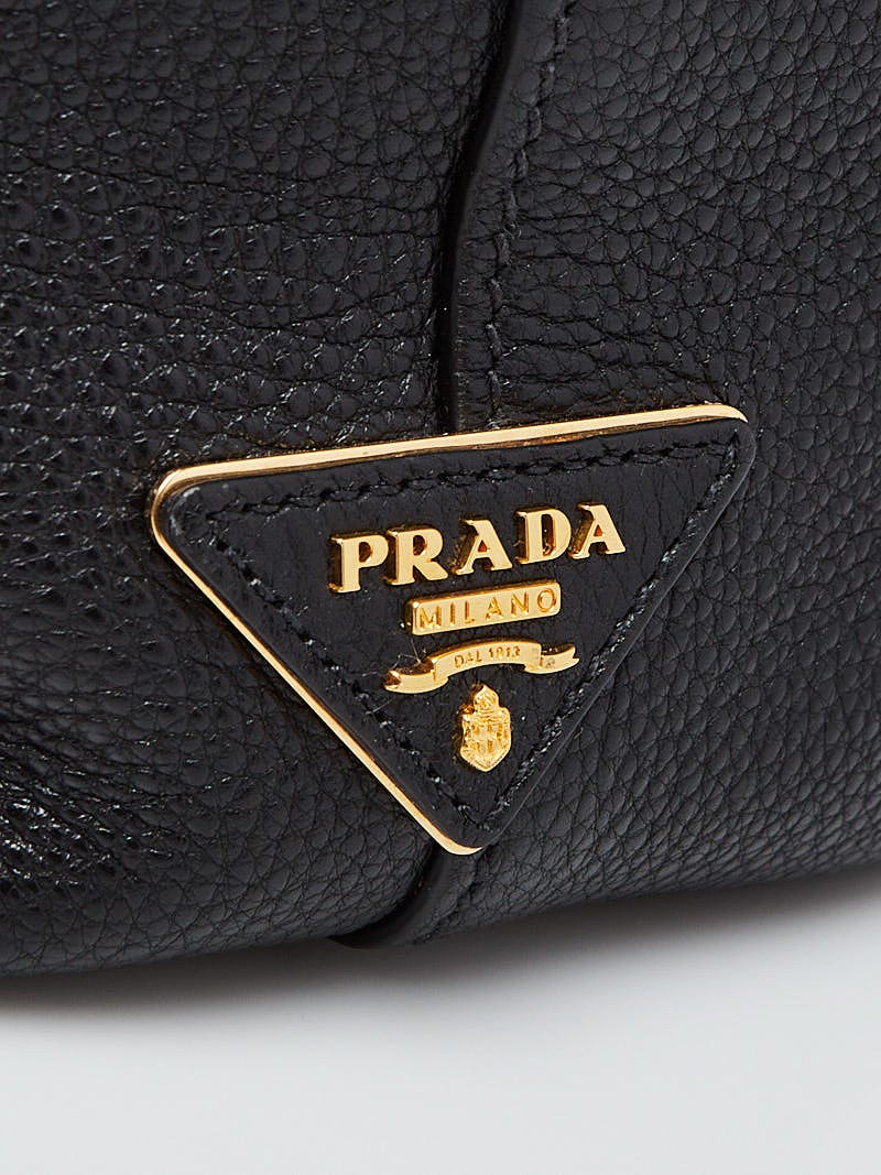New Prada Vitello Phenix Black Leather Embossed Logo Hobo Tote Bag