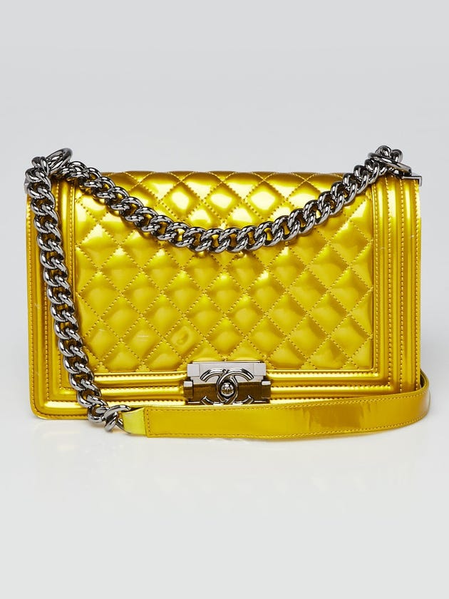 Chanel Yellow Quilted Patent Leather Medium Boy Bag