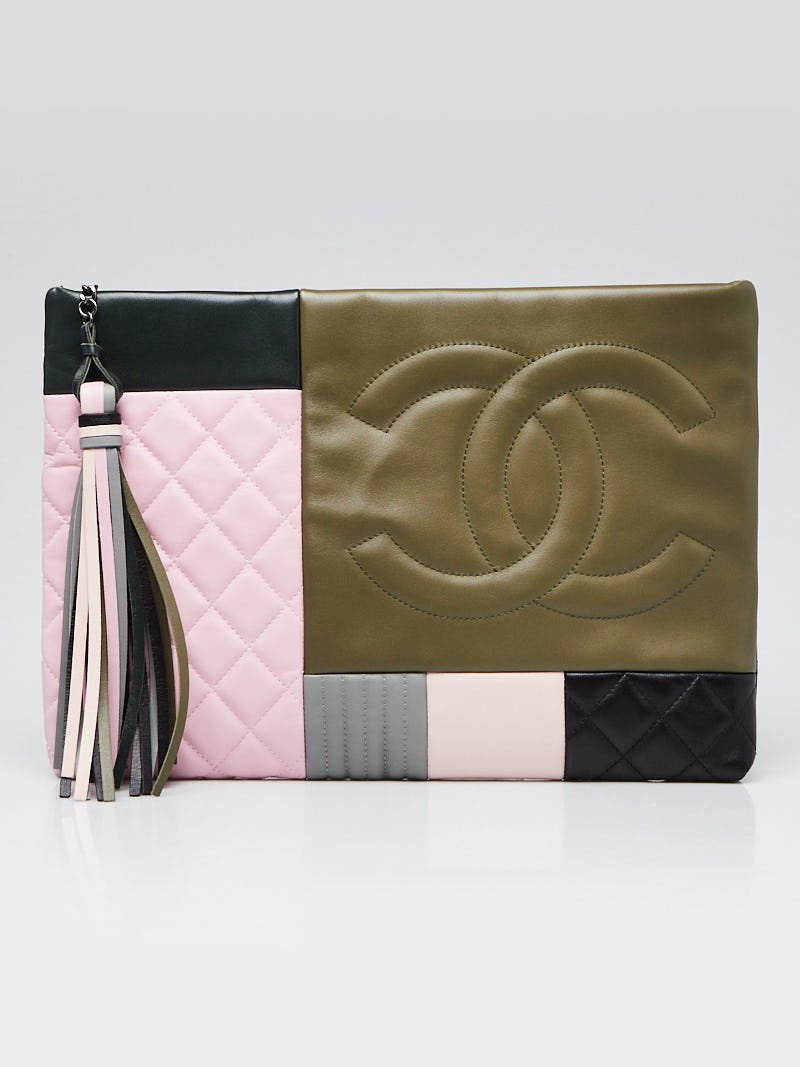 Chanel Pink/Green/Black Quilted Calfskin Leather Coco Cuba O-Case Large Zip  Pouch - Yoogi's Closet