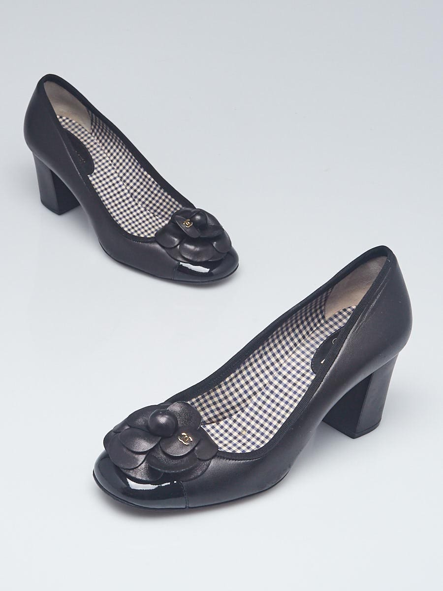Chanel Black Leather Camellia Block Heel Pumps Size 7.5/38
