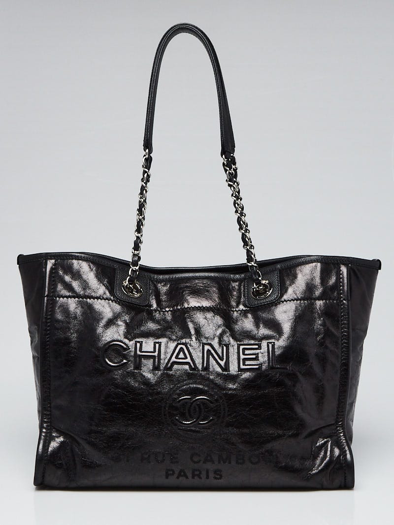 Chanel Black Glazed Leather Deauville Small Shopping Tote Bag - Yoogi's  Closet
