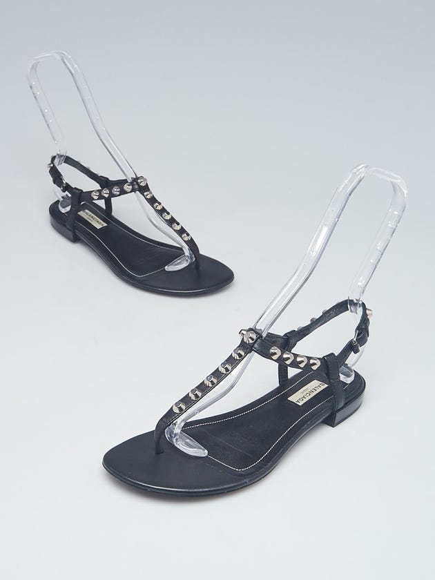 Balenciaga Black Leather Studded T-Strap Sandals Size 8/38.5