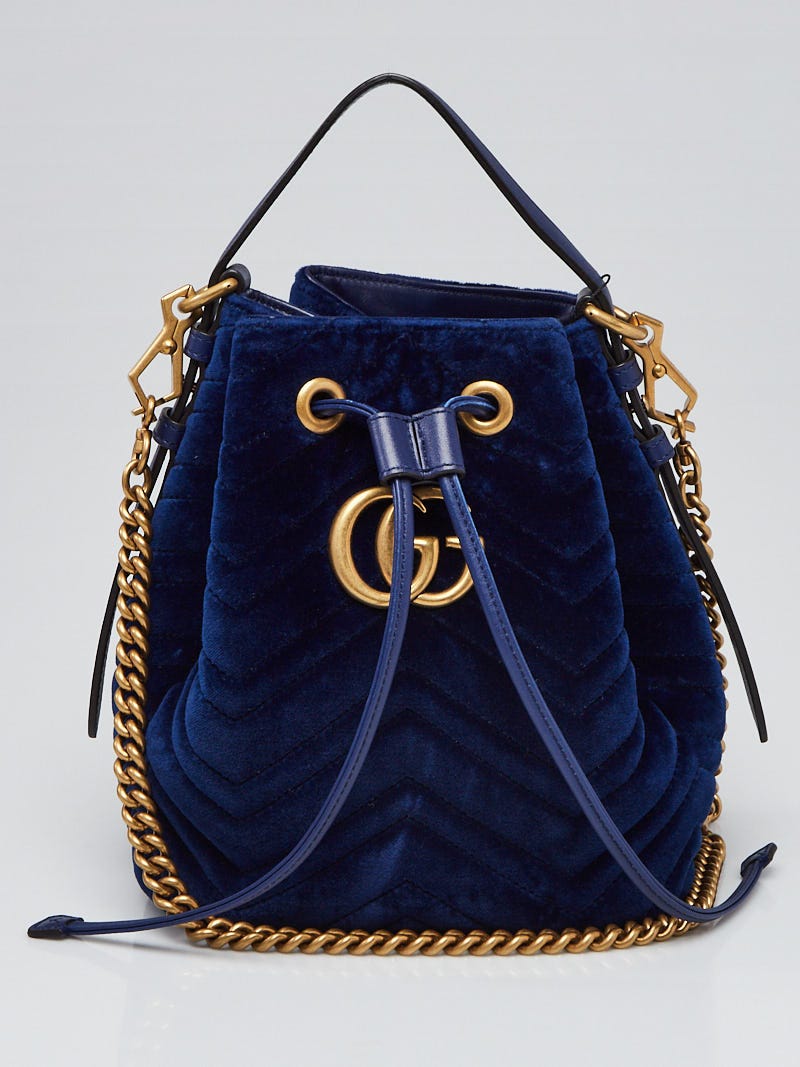 Gucci Blue Chevron Quilted Velvet Marmont 2.0 Bucket Bag Yoogi s Closet