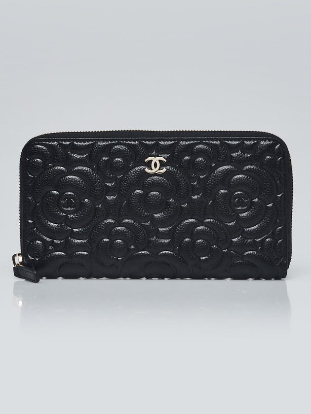 Chanel Black Camellia Embossed Caviar Leather L Zip Wallet