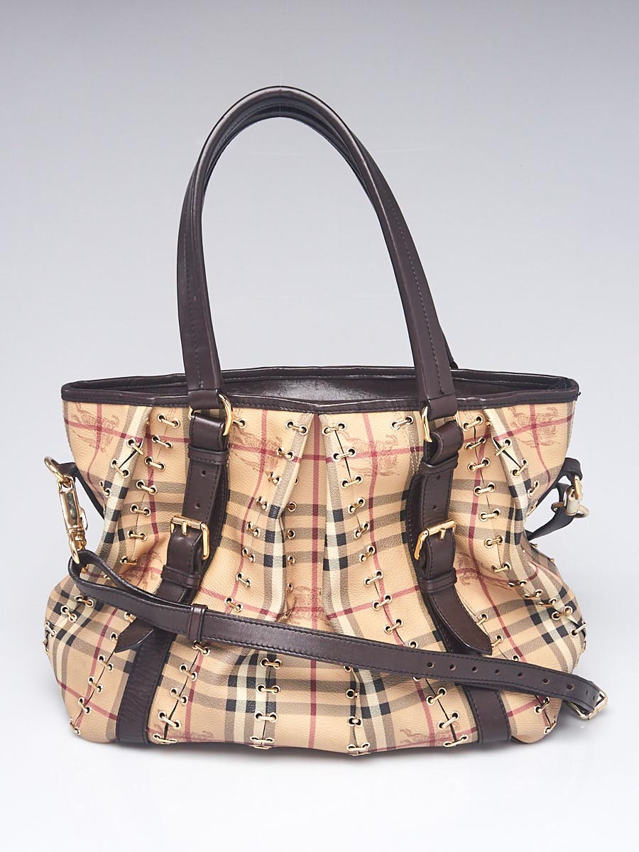 Burberry Haymarket Check Canvas and Chocolate Leather Metal Stitch Medium  Lowry Tote Bag - Yoogi's Closet