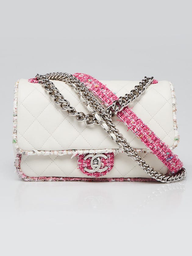 Chanel White Quilted Lambskin Leather and Tweed Elegant Trim Flap Bag