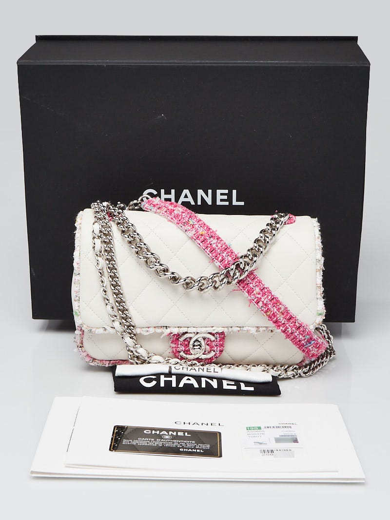 Chanel White Quilted Lambskin Leather and Tweed Elegant Trim Flap 