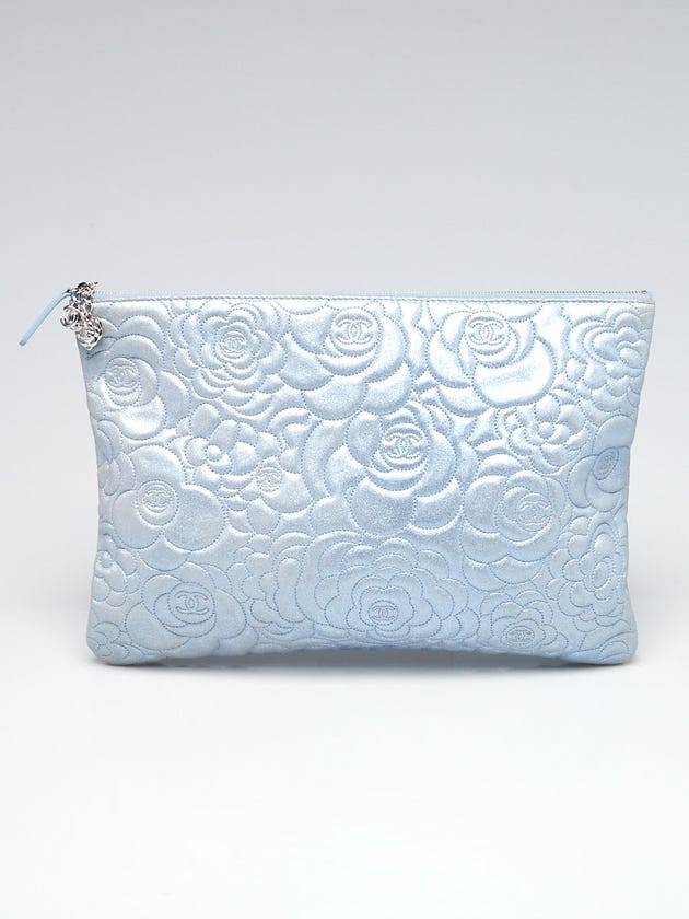 Chanel Silver Metallic Camellia Embossed Leather O-Case Zip Large Pouch