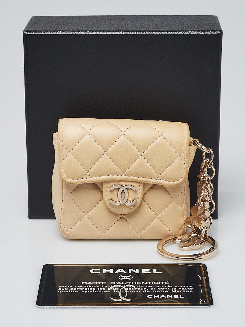 Chanel Beige Lambskin Leather Mini Flap Key Ring Bag Charm - Yoogi's Closet