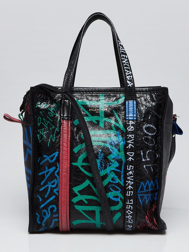 Balenciaga Black/Multicolor Graffiti Soft Lambskin Leather Bazar Small Shopping Tote Bag