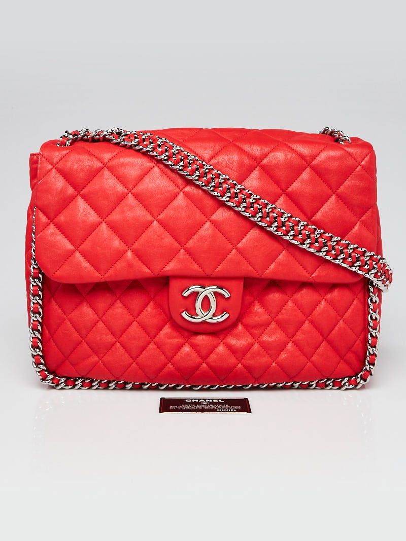 Chanel Red Quilted Washed Lambskin Leather Chain Around Maxi Flap