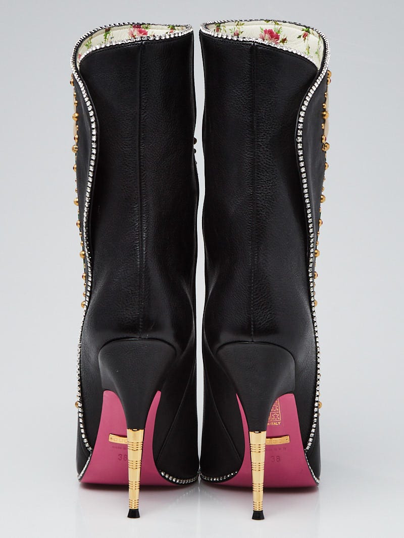 Gucci Black Leather Intarsia Flower Boots Size 7.5/38