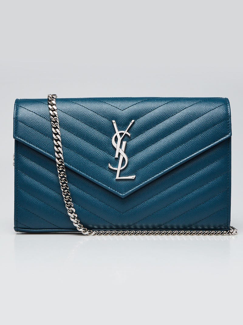 Yves Saint Laurent Teal Chevron Quilted Grained Leather Envelope 