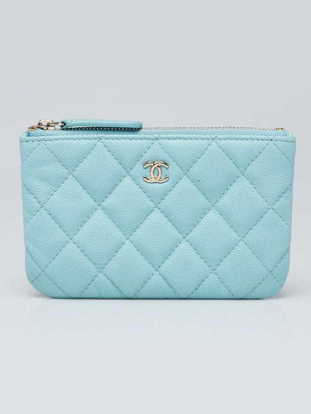 Chanel Light Blue Quilted Caviar O-Zip Small O-Case Zip Pouch