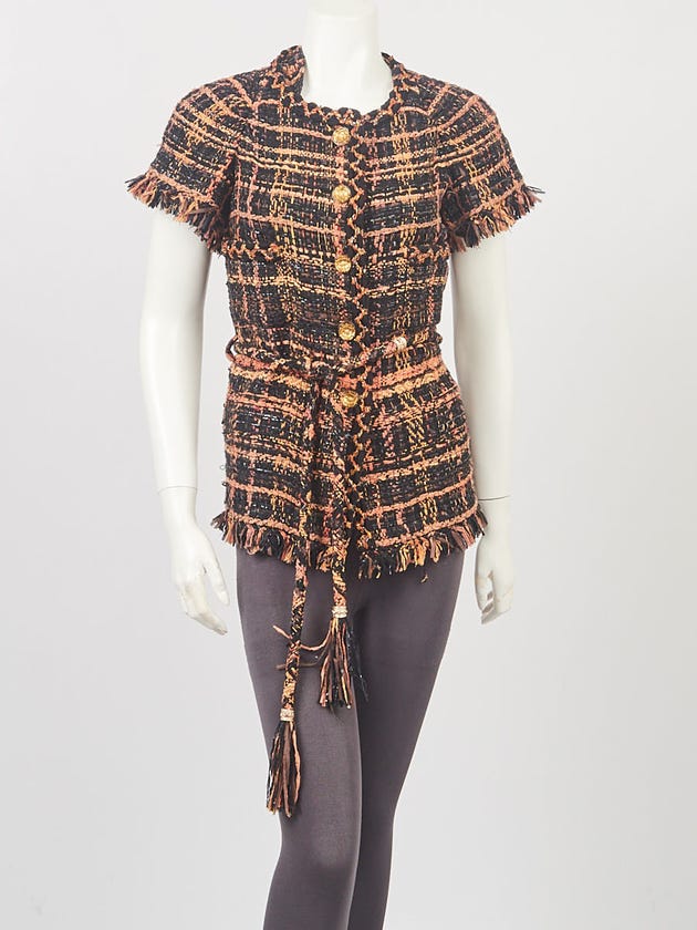 Chanel Black/Orange/Brown Cotton Tweed Short Sleeve Belted Jacket Size 4/36