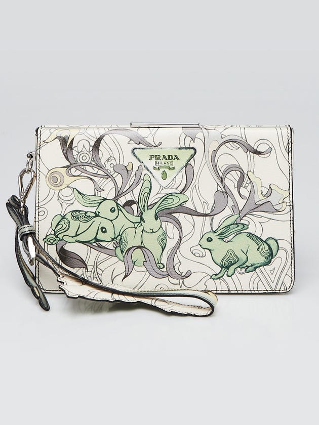 Prada Limited Edition Multicolor Rabbit Print Glace Calfskin Leather Frame Clutch Bag 1BF065