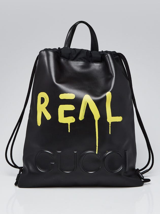 Gucci Black Leather Ghost Printed "Real" Drawstring Backpack