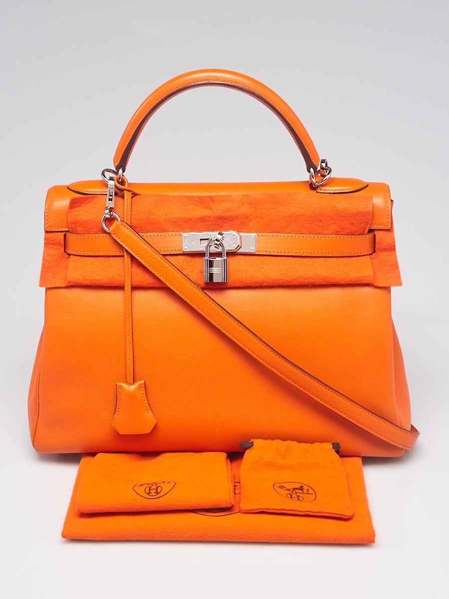 Hermes 32cm Orange Swift Leather Palladium Plated Kelly Retourne Bag -  Yoogi's Closet