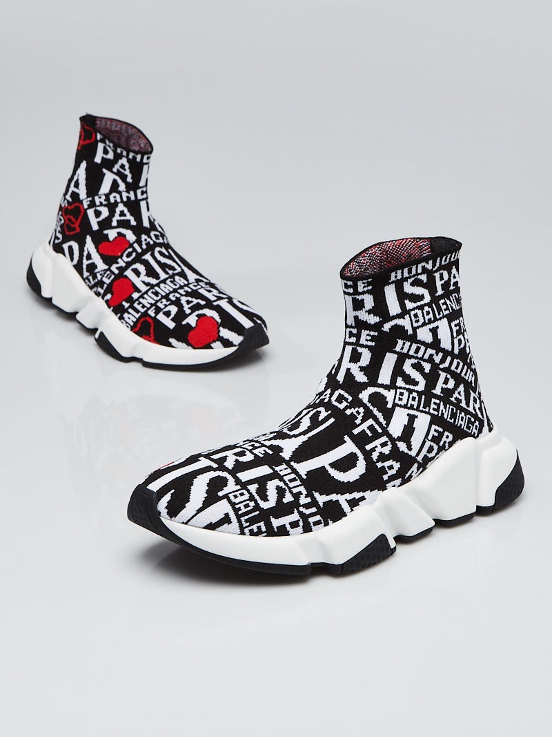 Balenciaga Black/White Knit Fabric Paris Logo Sock Sneakers Size