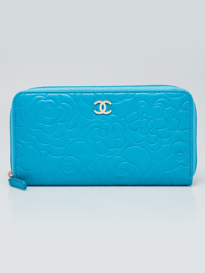 Chanel Turquoise Camellia Embossed Lambskin Leather L Gusset Zip Wallet -  Yoogi's Closet
