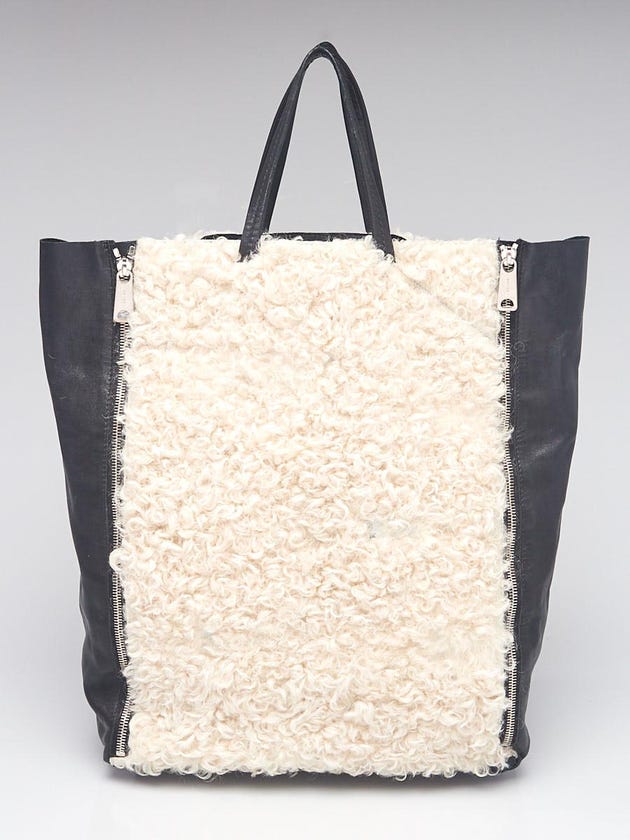 Celine Cream Shearling Black Leather Vertical Gusset Cabas Tote Bag