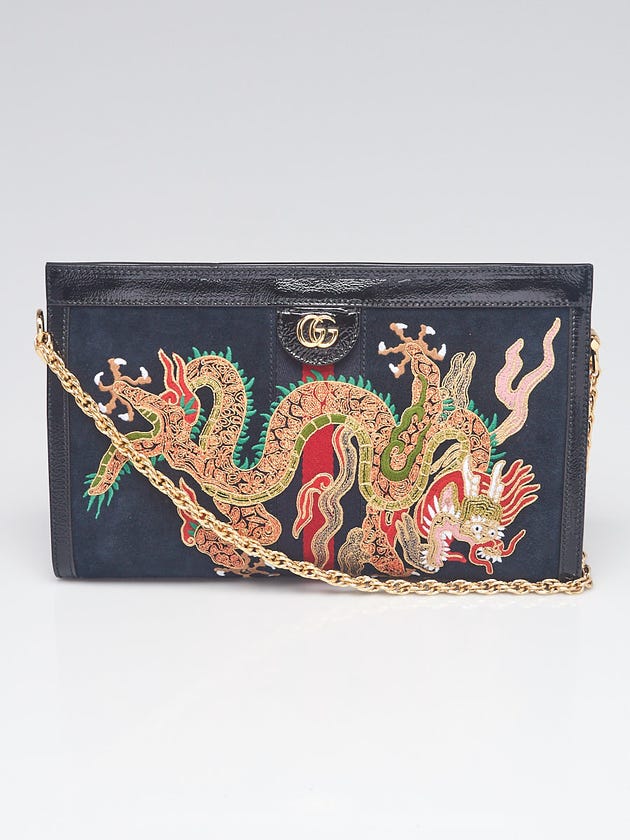 Gucci Dark Blue Suede/Patent Leather Dragon Ophidia Medium Shoulder Bag