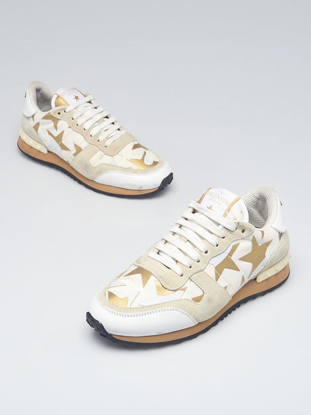 Valentino White/Beige Leather/Suede Patchwork Star Rockstud Sneakers Size 6/36.5