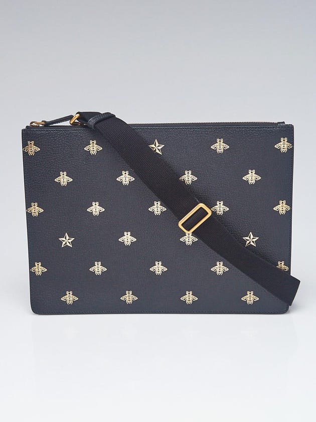 Gucci Black Leather Bee Star Messenger Bag