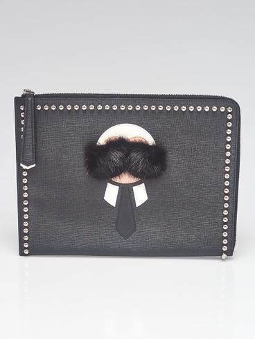Fendi Black Saffiano Leather Karlito Flat Clutch Bag - 8M0370