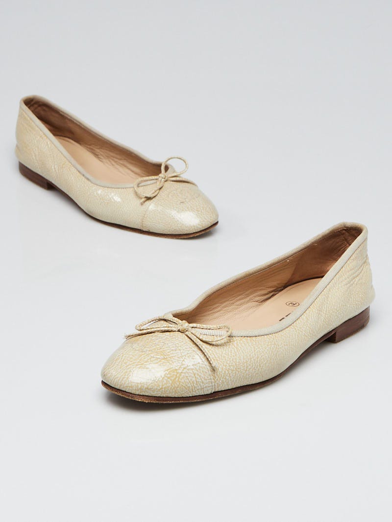 Chanel Beige Patent Embossed Leather Cap Toe CC Ballet Flats Size