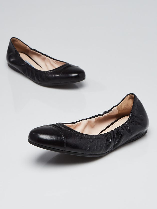 Prada Black Vitello Shine Leather Elastic Ballet Flats Size 7/37.5