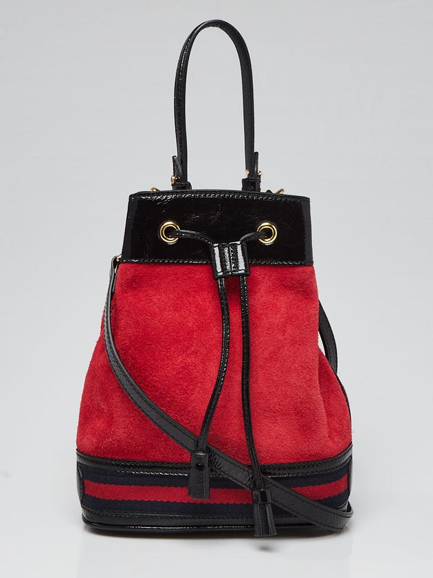 Gucci Red Suede/Black Patent Leather Ophidia Small Bucket Bag