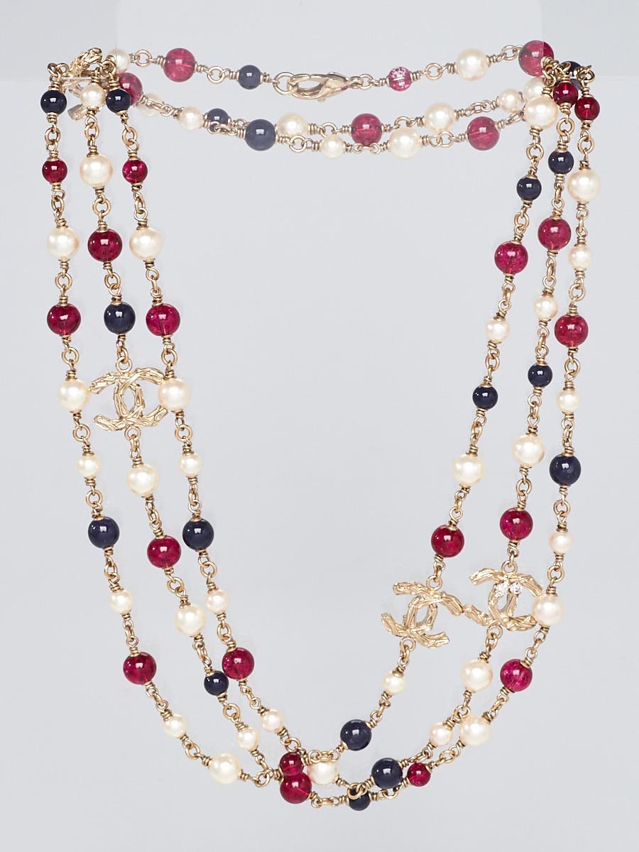 Chanel Red/Blue Beads and Glass Pearl CC Long Necklace - Yoogi's Closet