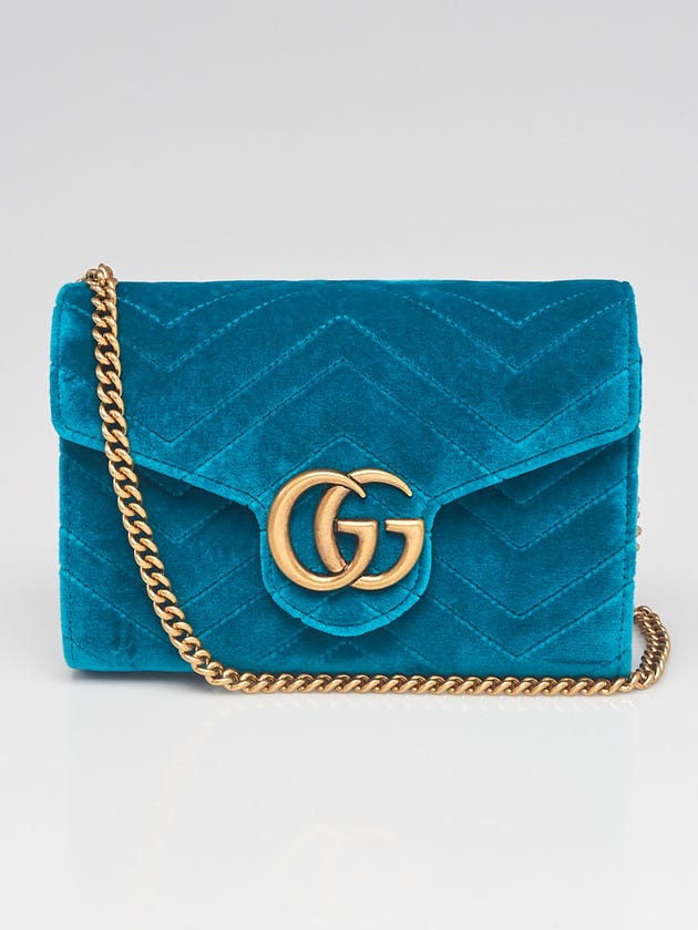 Gucci Pavone Quilted Velvet GG Marmont Mini Chain Wallet Clutch Bag